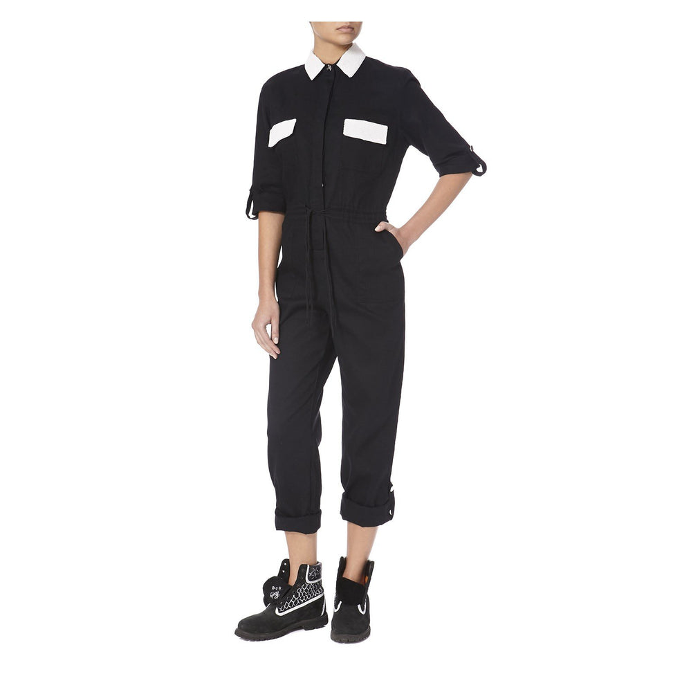 BLACK DENIM JUMPSUIT WITH WHITE BEADING - THE BOX BOUTIQUE