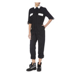 BLACK DENIM JUMPSUIT WITH WHITE BEADING - THE BOX BOUTIQUE