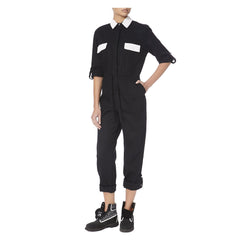 BLACK DENIM JUMPSUIT WITH WHITE BEADING - THE BOX BOUTIQUE
