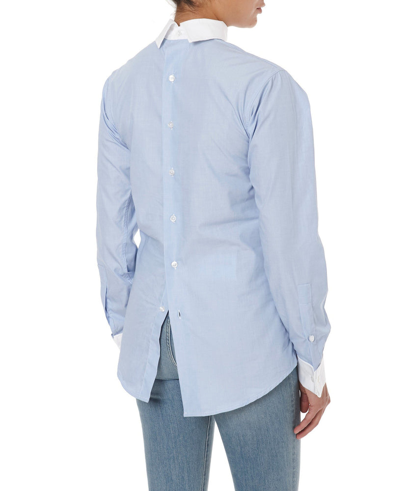 BACKWARDS BUTTON-UP BLUE STRIPED SHIRT - THE BOX BOUTIQUE