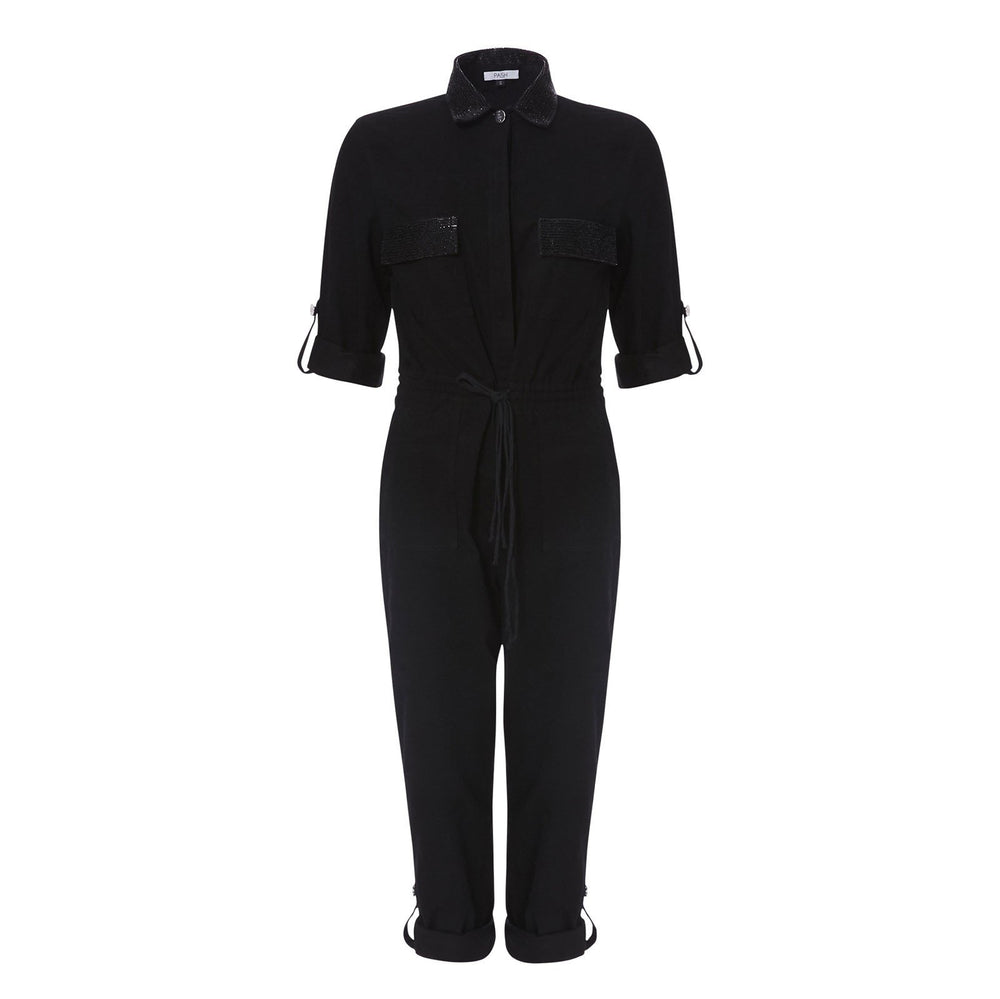BLACK DENIM JUMPSUIT WITH BLACK BEADING - THE BOX BOUTIQUE
