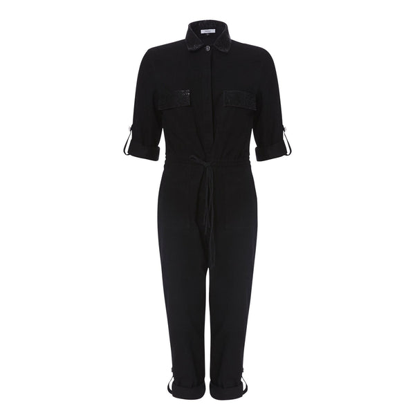 BLACK DENIM JUMPSUIT WITH BLACK BEADING - THE BOX BOUTIQUE
