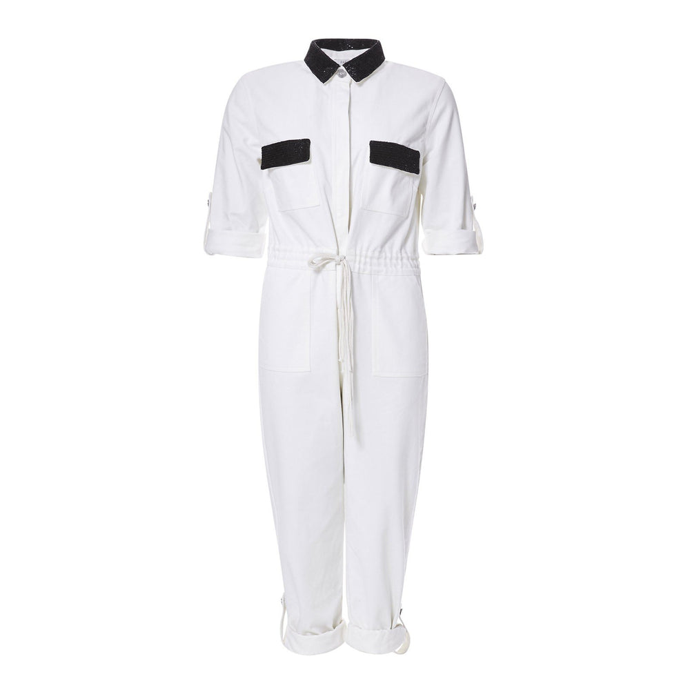 WHITE DENIM JUMPSUIT WITH BLACK BEADING - THE BOX BOUTIQUE