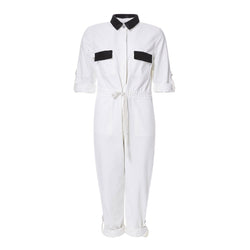 WHITE DENIM JUMPSUIT WITH BLACK BEADING - THE BOX BOUTIQUE