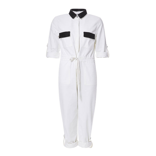 WHITE DENIM JUMPSUIT WITH BLACK BEADING - THE BOX BOUTIQUE
