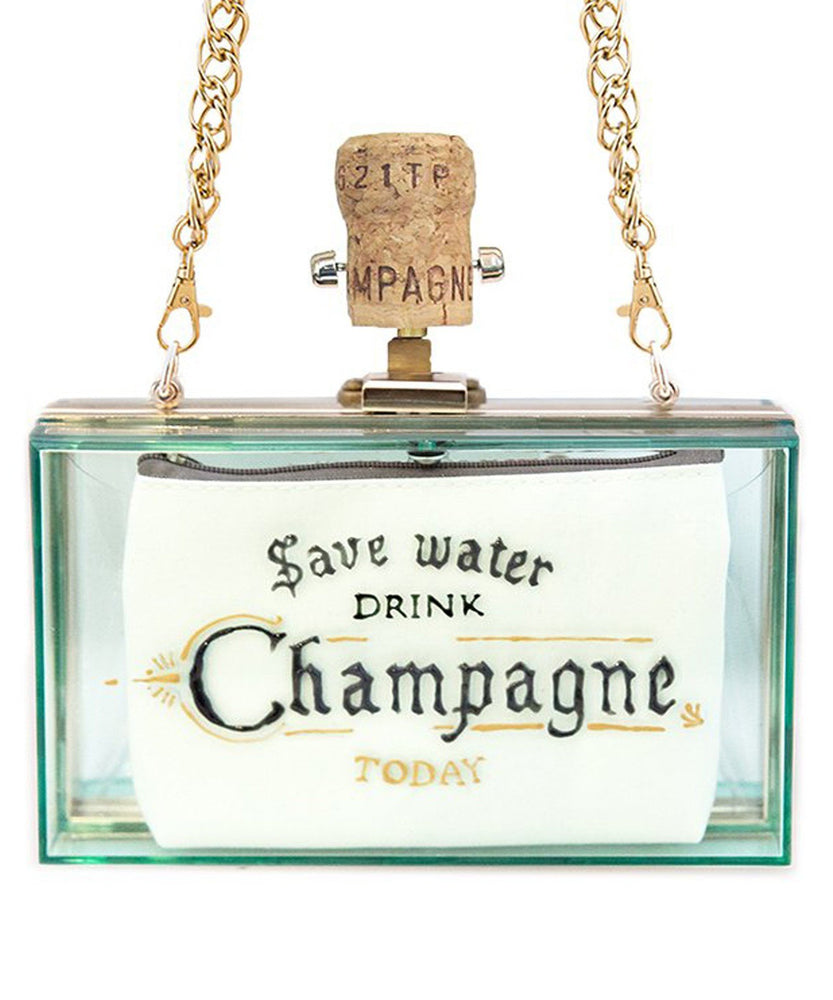SAVE WATER DRINK CHAMPAGNE CLUTCH TRANSPARENT GREEN - THE BOX BOUTIQUE