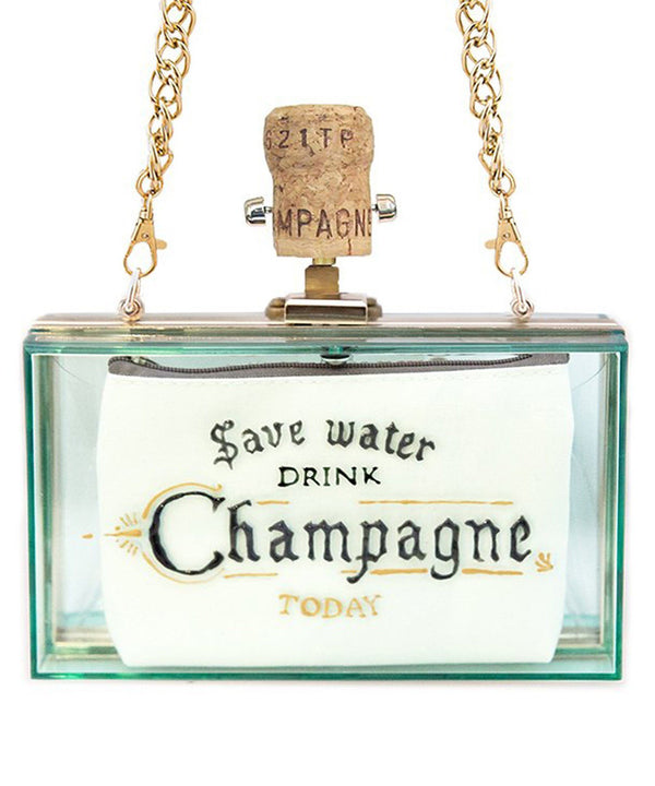 SAVE WATER DRINK CHAMPAGNE CLUTCH TRANSPARENT GREEN - THE BOX BOUTIQUE