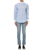 BACKWARDS BUTTON-UP BLUE STRIPED SHIRT - THE BOX BOUTIQUE