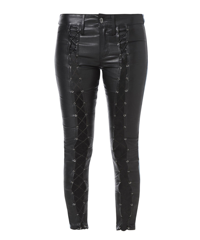 SLIM LEATHER PANEL LACE-UP JEANS - THE BOX BOUTIQUE