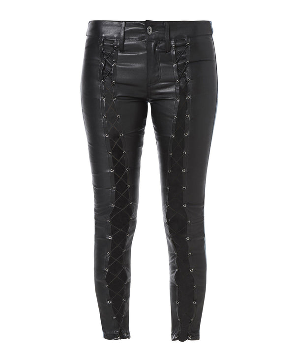 SLIM LEATHER PANEL LACE-UP JEANS - THE BOX BOUTIQUE
