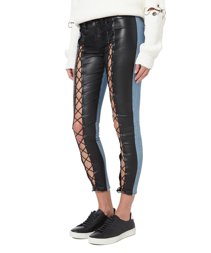 SLIM LEATHER PANEL LACE-UP JEANS - THE BOX BOUTIQUE
