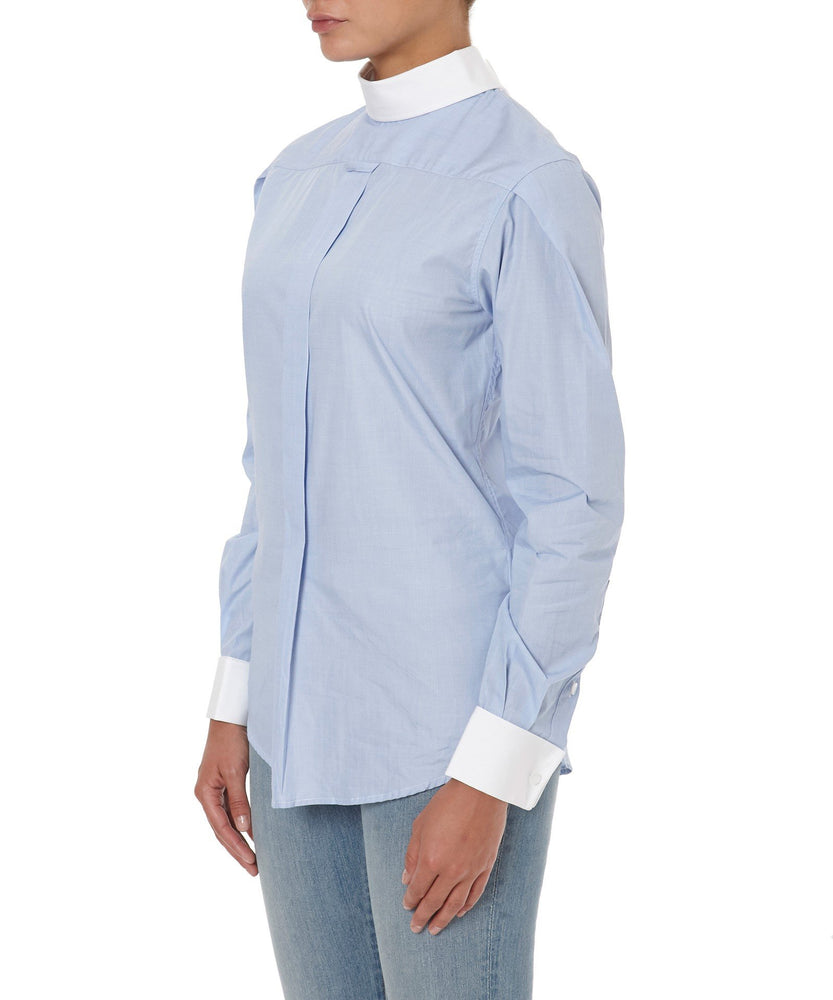 BACKWARDS BUTTON-UP BLUE STRIPED SHIRT - THE BOX BOUTIQUE