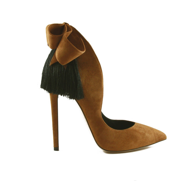 IZO BOW PUMPS (CARAMEL BOW WITH BLACK FRINGE) - THE BOX BOUTIQUE