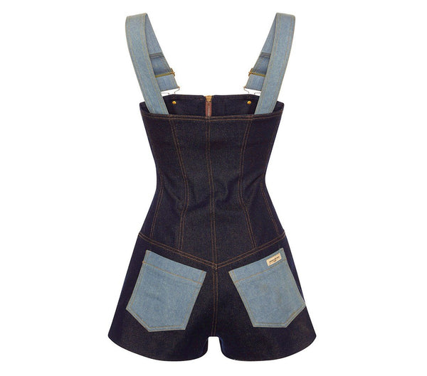 DENIM STRUCTURED MINI OVERALLS - THE BOX BOUTIQUE
