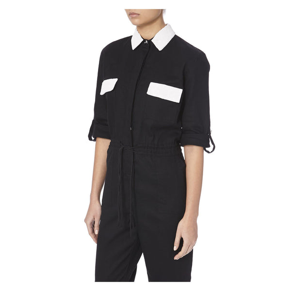 BLACK DENIM JUMPSUIT WITH WHITE BEADING - THE BOX BOUTIQUE
