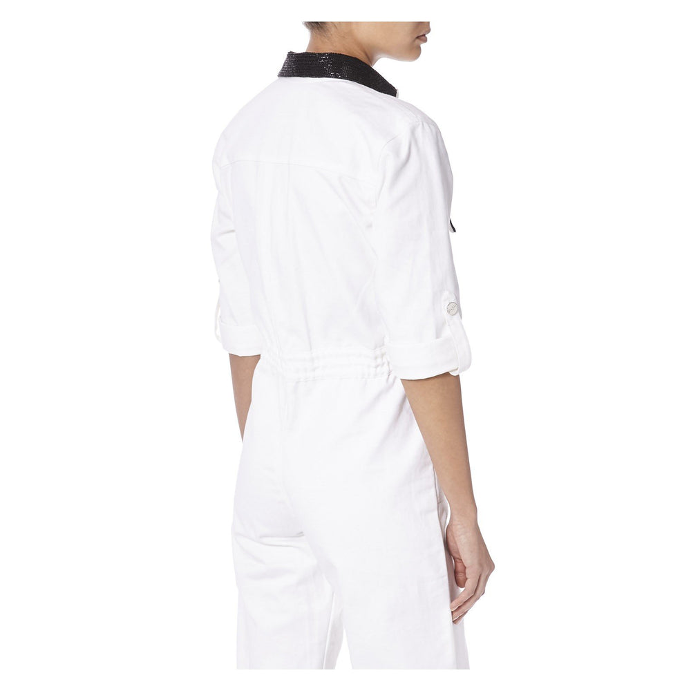 WHITE DENIM JUMPSUIT WITH BLACK BEADING - THE BOX BOUTIQUE