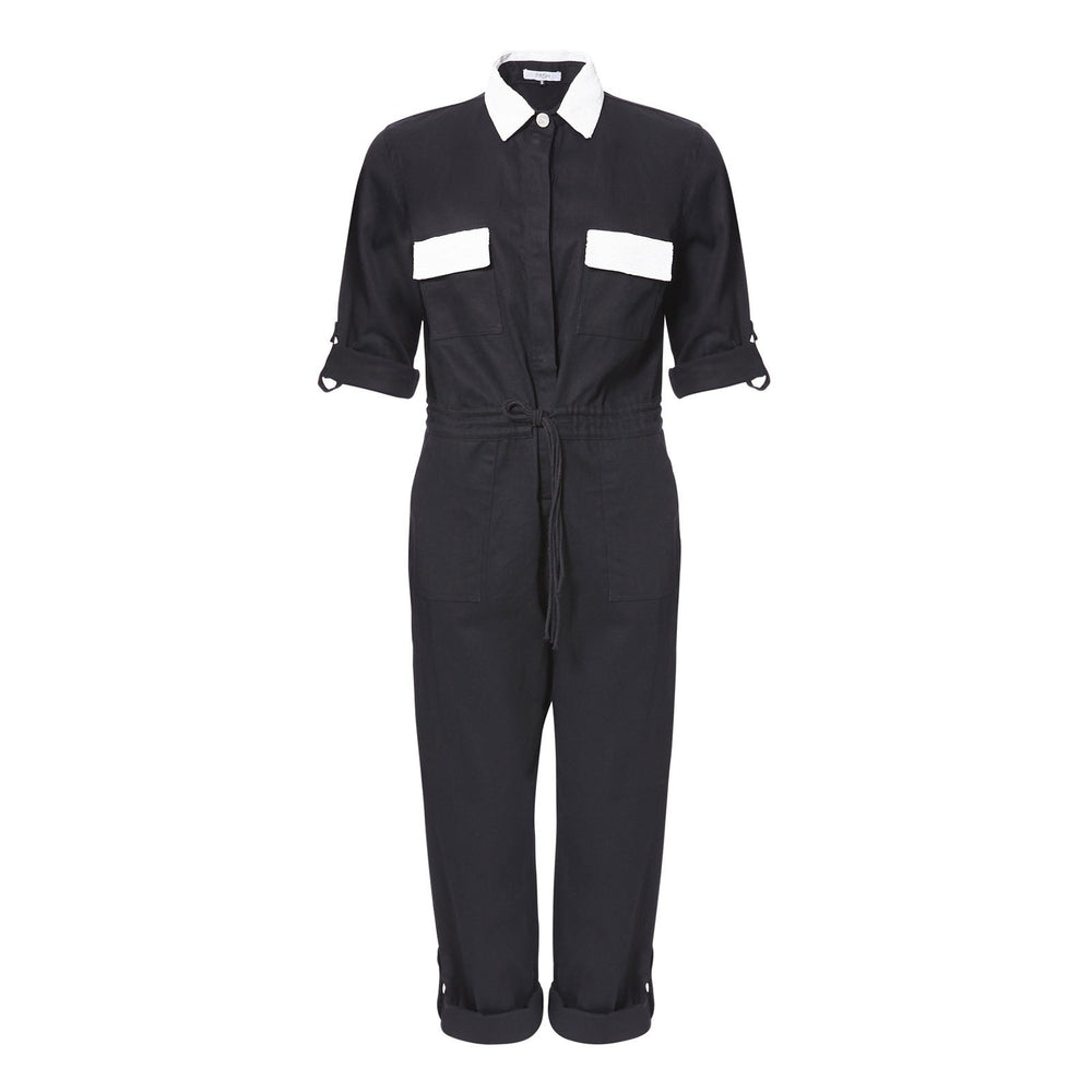 BLACK DENIM JUMPSUIT WITH WHITE BEADING - THE BOX BOUTIQUE
