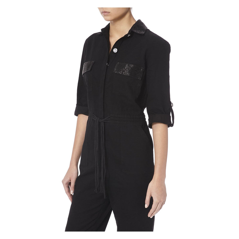 BLACK DENIM JUMPSUIT WITH BLACK BEADING - THE BOX BOUTIQUE