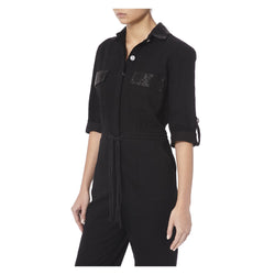 BLACK DENIM JUMPSUIT WITH BLACK BEADING - THE BOX BOUTIQUE