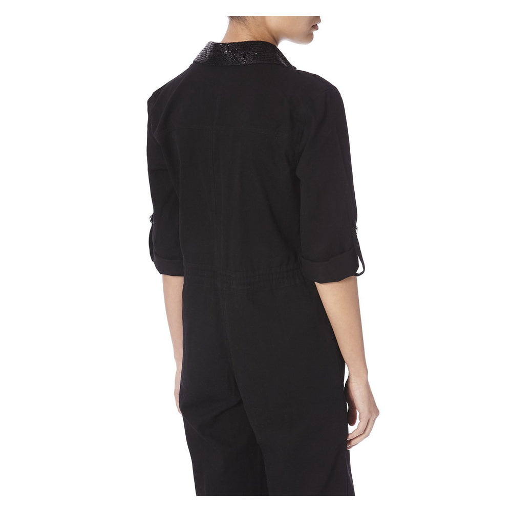 BLACK DENIM JUMPSUIT WITH BLACK BEADING - THE BOX BOUTIQUE