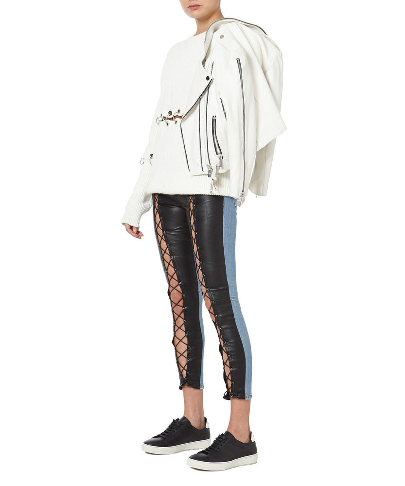 SLIM LEATHER PANEL LACE-UP JEANS - THE BOX BOUTIQUE
