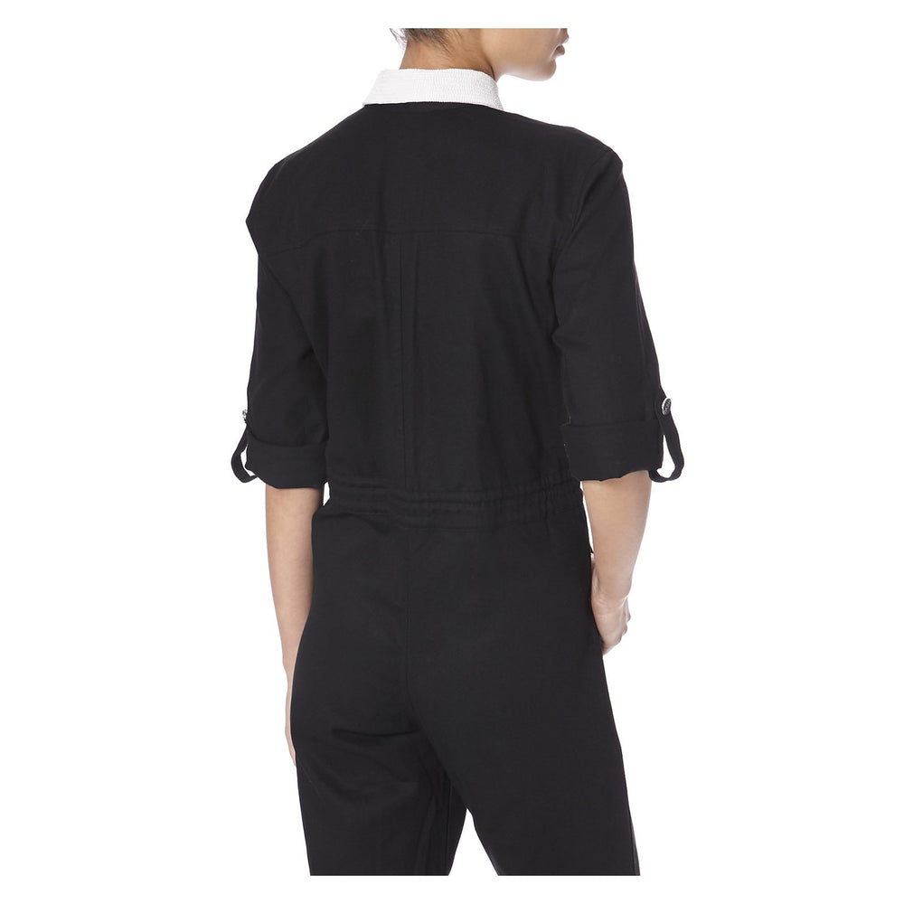 BLACK DENIM JUMPSUIT WITH WHITE BEADING - THE BOX BOUTIQUE