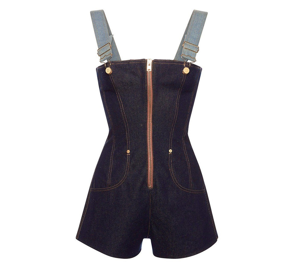 DENIM STRUCTURED MINI OVERALLS - THE BOX BOUTIQUE