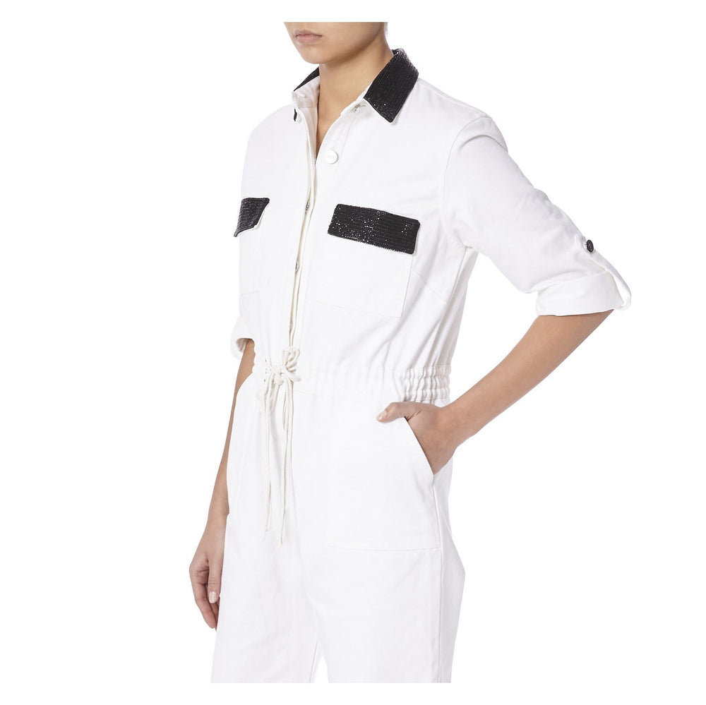 WHITE DENIM JUMPSUIT WITH BLACK BEADING - THE BOX BOUTIQUE