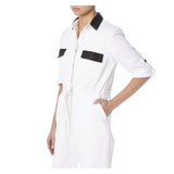 WHITE DENIM JUMPSUIT WITH BLACK BEADING - THE BOX BOUTIQUE