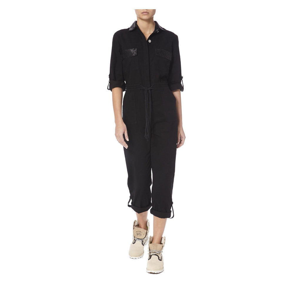 BLACK DENIM JUMPSUIT WITH BLACK BEADING - THE BOX BOUTIQUE